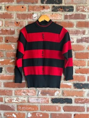 1950/1960 Women's Red and Black Striped Long Sleeve Sweater with Button Detail